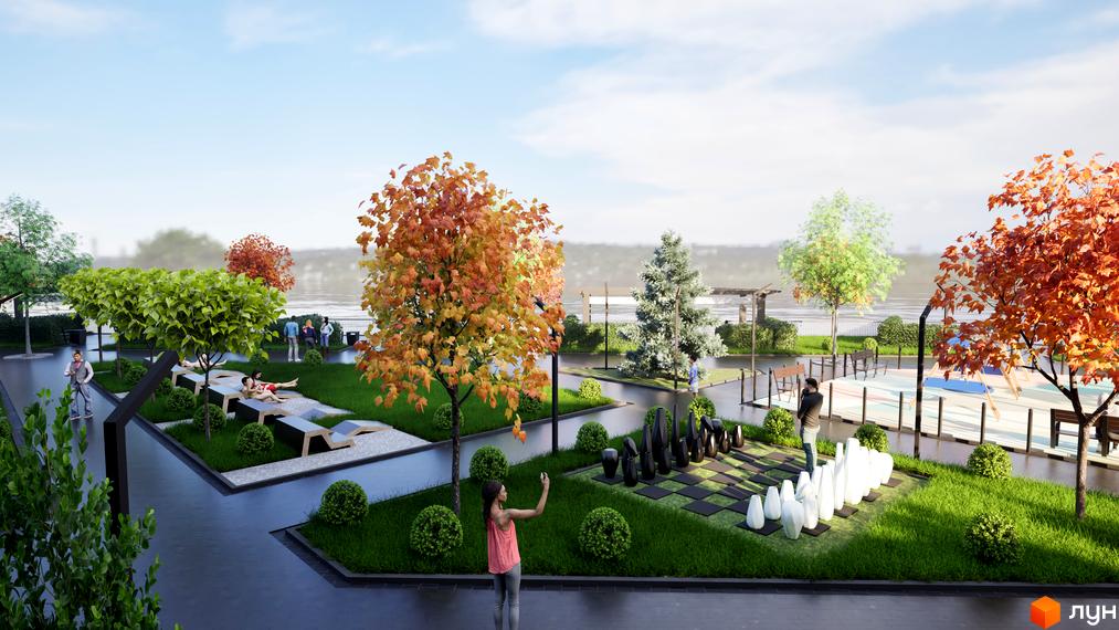 Житловий комплекс Stugna Residence з зоною відпочинку біля води та великою шахівницею. На території є дитячий майданчик та місця для релаксу.