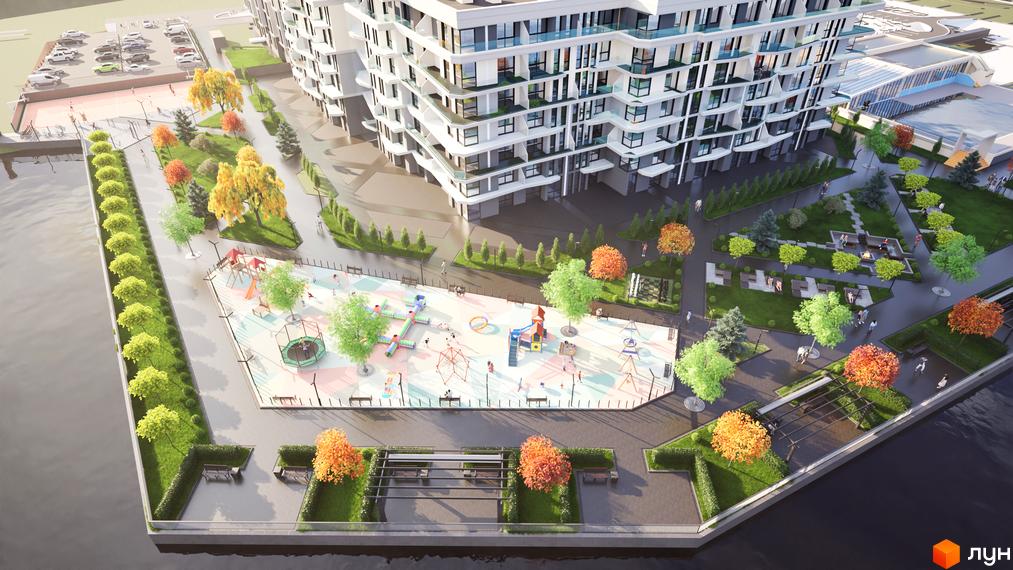 Житловий комплекс Stugna Residence з багатоповерховими будинками та облаштованою прибудинковою територією з дитячим майданчиком та зонами відпочинку.