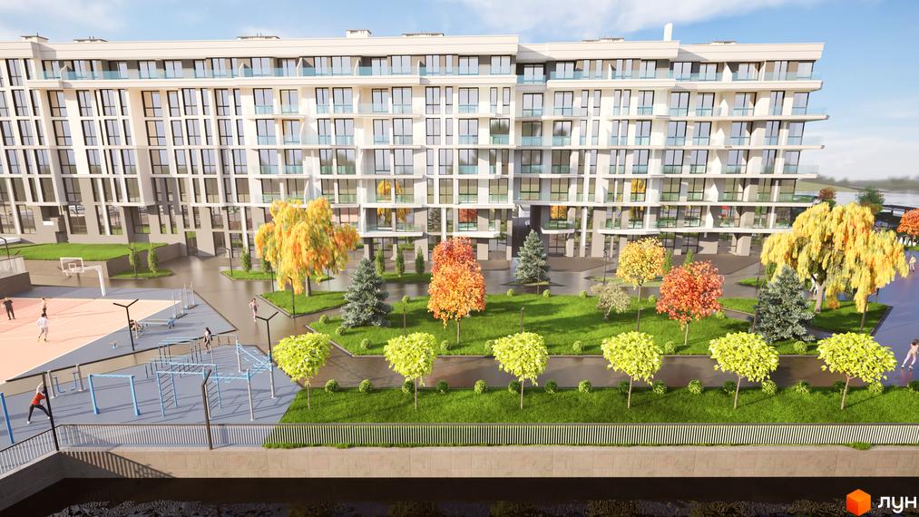 Житловий комплекс Stugna Residence з фасадом з панорамними вікнами та балконами, прибудинкова територія з баскетбольним майданчиком та зонами відпочинку.