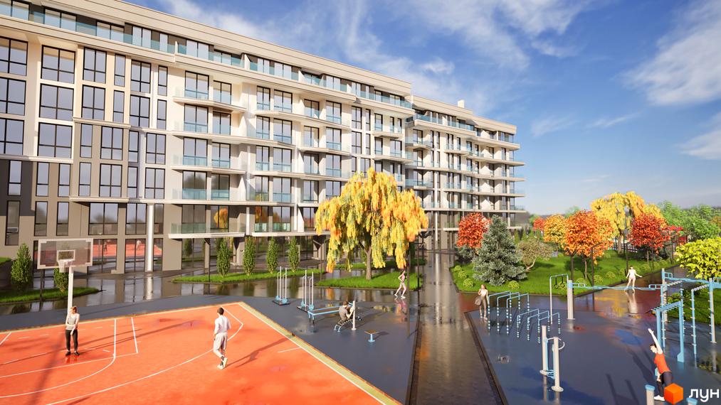 Житловий комплекс Stugna Residence з багатоповерховими будинками та облаштованим подвір'ям зі спортивними майданчиками та баскетбольною зоною.