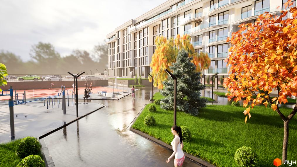 Житловий комплекс Stugna Residence з багатоповерховими будинками та доглянутою прибудинковою територією зі спортивними майданчиками та зеленими зонами.