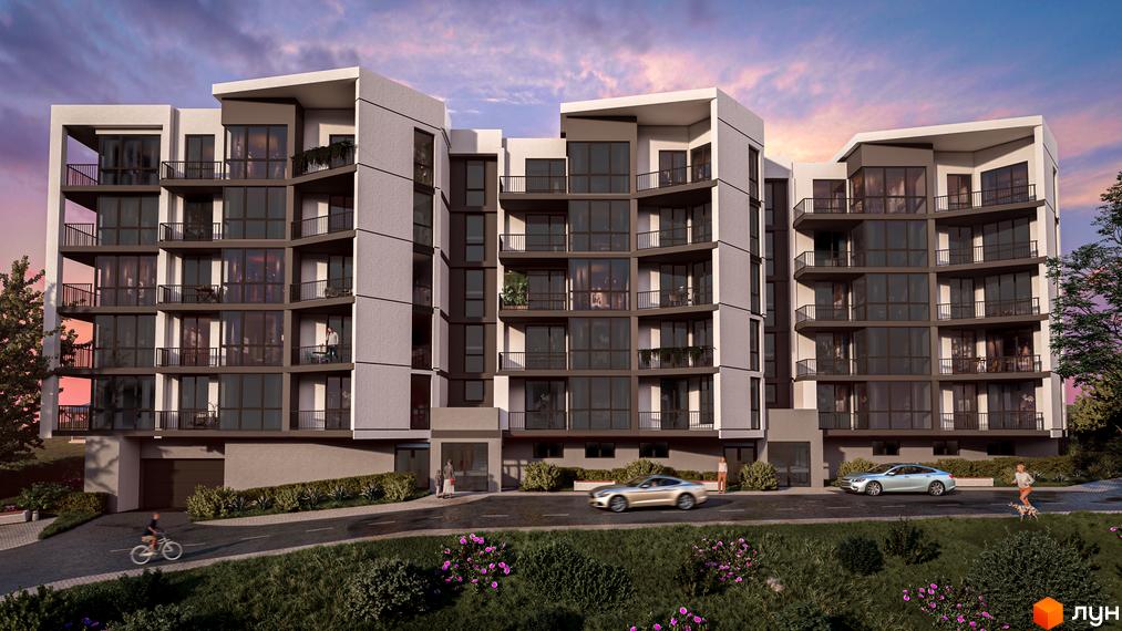 Житловий комплекс CONTINENT PRIME з панорамними вікнами, балконами та сучасною архітектурою. На прибудинковій території є зелені насадження та місця для паркування.