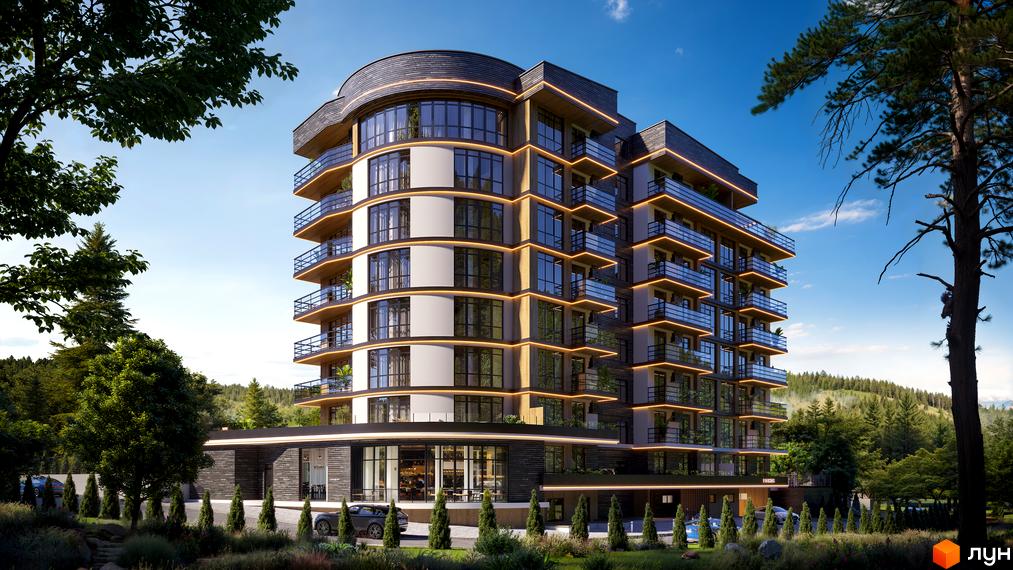 Сучасний житловий комплекс Skelya Residence з панорамними вікнами та балконами, оточений зеленню та деревами.