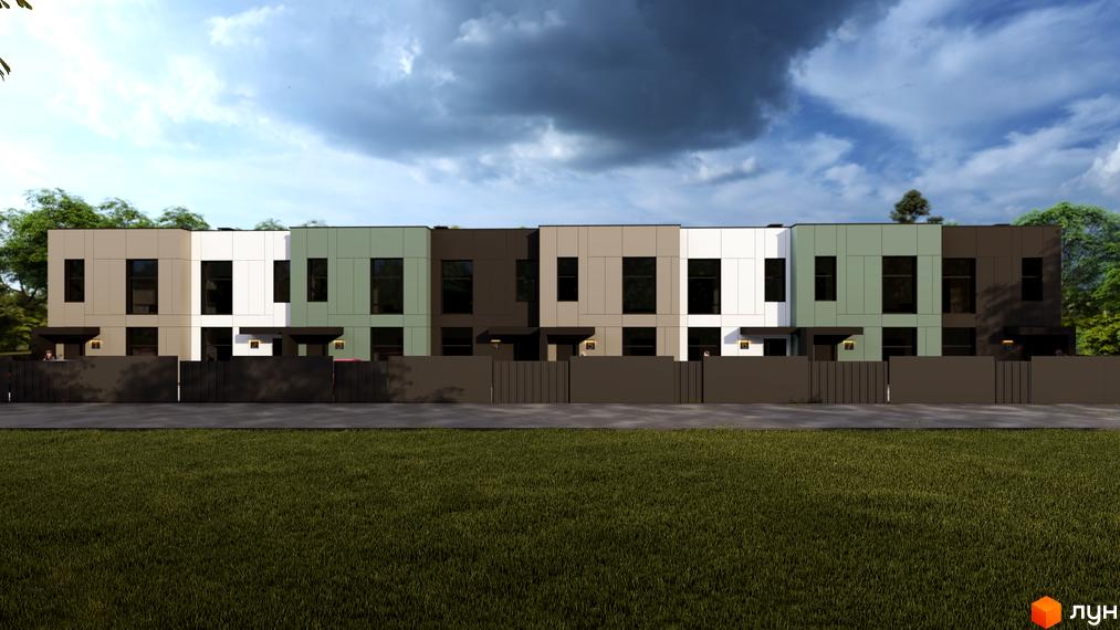 Ряд таунхаусів Lucky з фасадами різних кольорів та великими вікнами. Перед будинками розташовані темна огорожа та зелений газон.