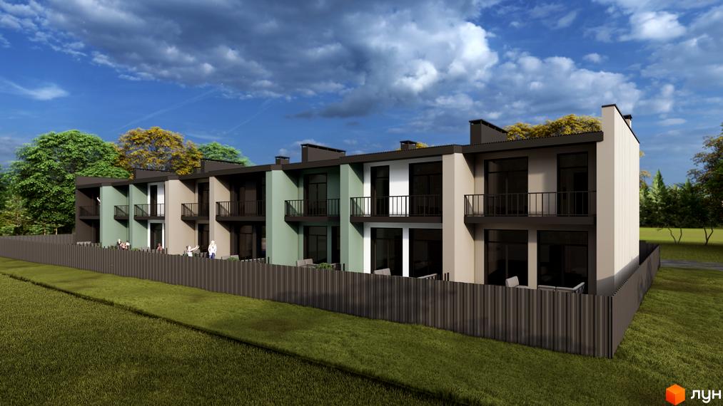 Таунхауси Lucky з двома поверхами та балконами, фасади яких виконані у різних кольорах. Перед будинками розташований паркан та зелена трава.