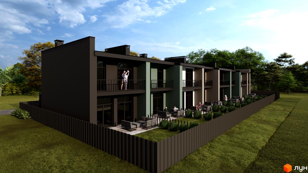 Ряд двоповерхових Таунхаусів Lucky з темними та світло-зеленими фасадами, балконами. Прибудинкова територія з газонами, кущами та зонами відпочинку.