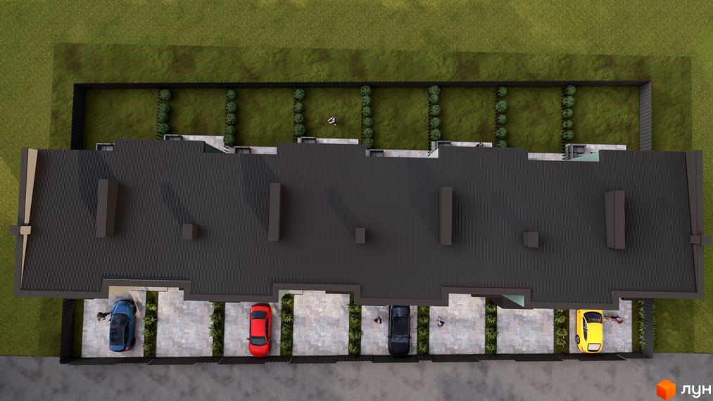 Зображення Таунхаусів Lucky зверху: ряд будинків з сірими дахами, власними парковками та зеленими прибудинковими ділянками.