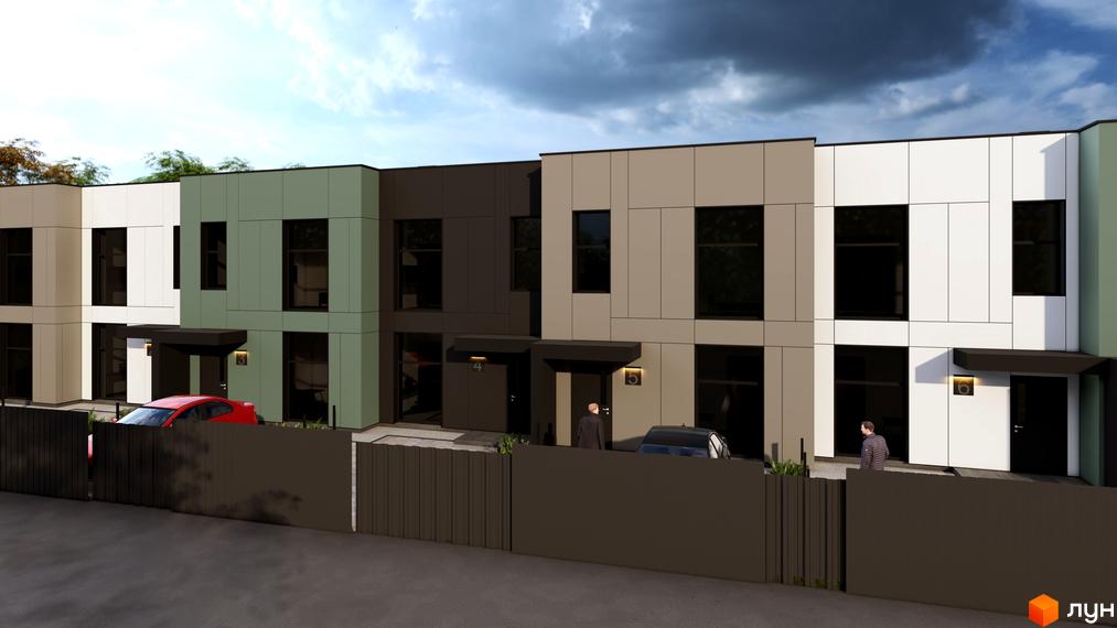 Таунхауси Lucky з різнокольоровими фасадами та великими вікнами. Перед будинками проглядається приватна територія з огорожею та автомобілями.