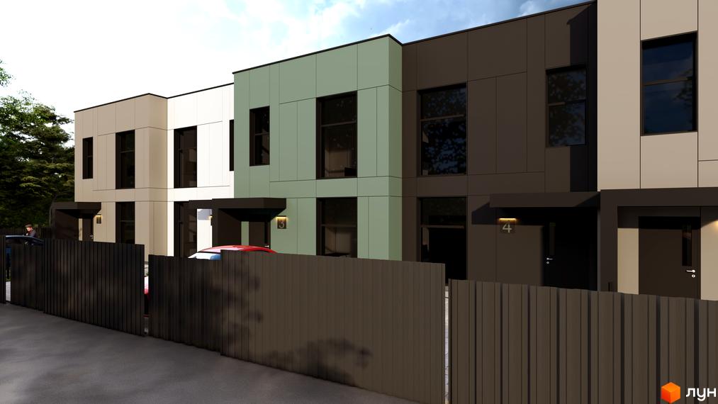 Зовнішній вигляд Таунхаусів Lucky з фасадами бежевого, зеленого та темно-сірого кольорів, великими вікнами. Прибудинкова територія має темну огорожу та проїзд.