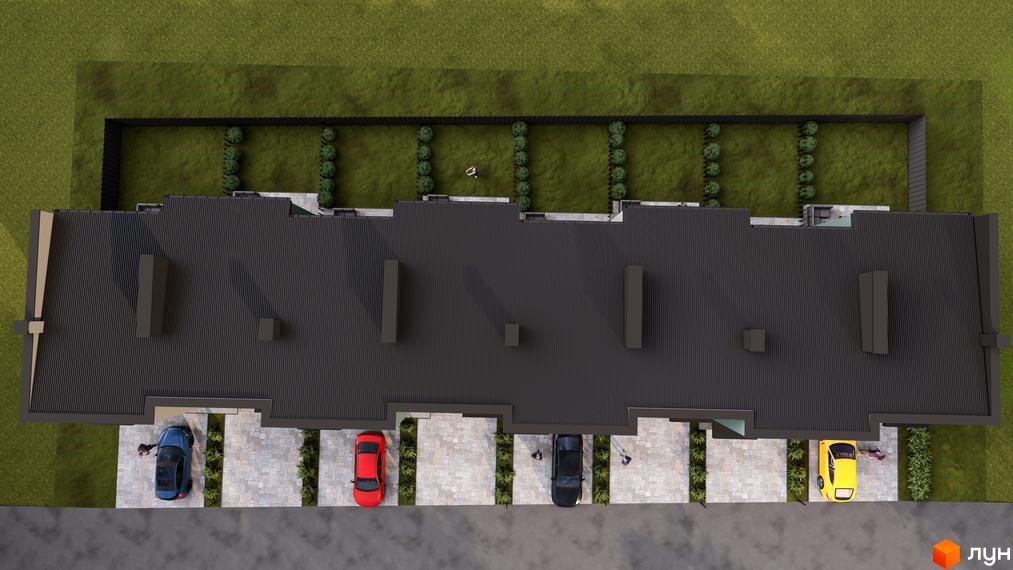 Ряд таунхаусів Lucky з темними дахами та брукованими парковками. Позаду будинків розташовані зелені задні двори з огорожею.