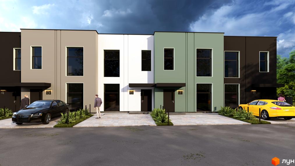 Ряд двоповерхових Таунхаусів Lucky з різнокольоровими фасадами та великими вікнами. Перед будинками облаштовані паркувальні місця та зелені насадження.