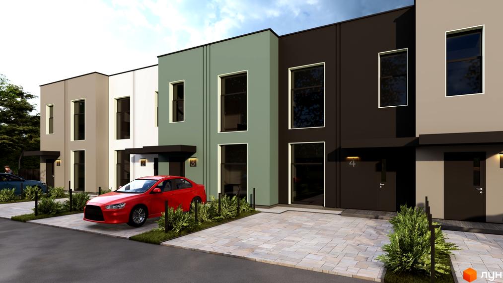 Таунхауси Lucky: ряд будинків з фасадами бежевого, білого, зеленого та темно-сірого кольорів, з великими вікнами та вимощеними подвір'ями.