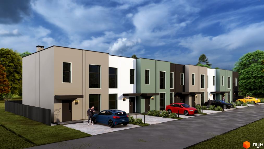 Ряд двоповерхових Таунхаусів Lucky з різнокольоровими фасадами. Перед будинками облаштовані під'їзди та зелені насадження.
