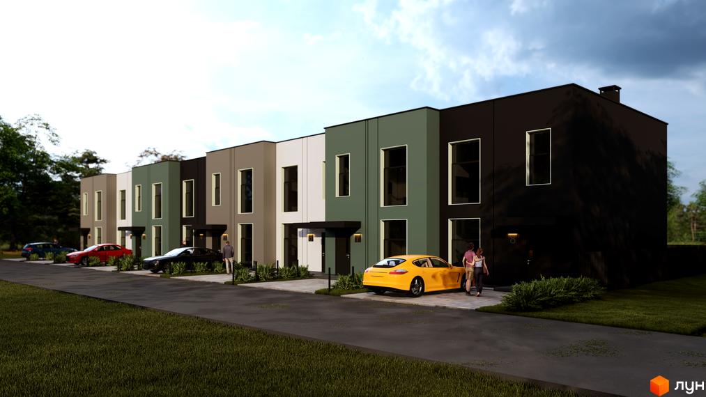Ряд двоповерхових таунхаусів Lucky з фасадами чорного, зеленого, білого та сірого кольорів. Перед будинками розташовані паркувальні місця та зелені насадження.