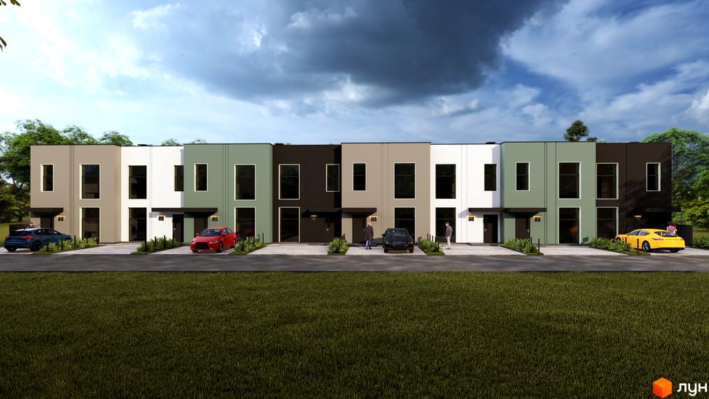 Ряд двоповерхових таунхаусів Lucky з фасадами різних кольорів. Перед будинками є асфальтовані під'їзди з автомобілями та невеликі зелені насадження.