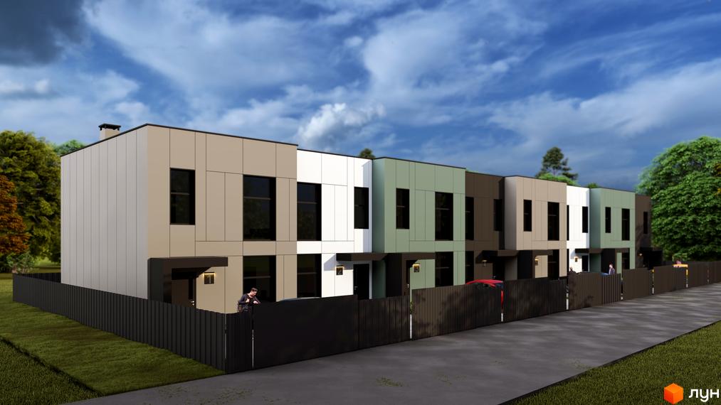 Ряд таунхаусів Lucky з різнокольоровими фасадами та великими вікнами, оточених чорними огорожами та зеленою травою.