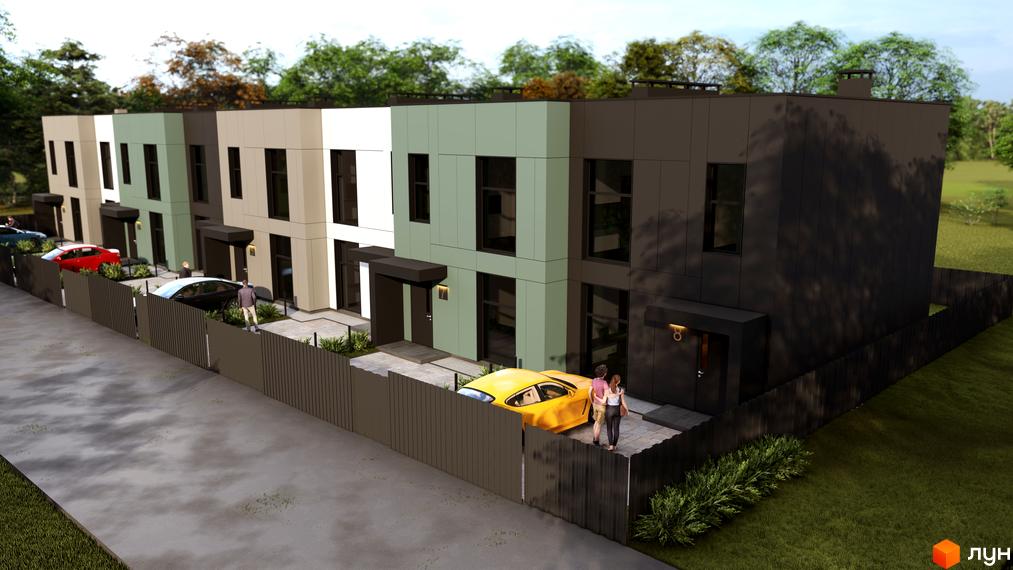 Ряд таунхаусів Lucky з різнокольоровими фасадами та великими вікнами. Перед будинками облаштовані подвір'я з парковками та зеленими насадженнями.