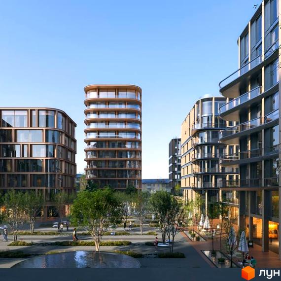 Будинки LVIV CITY мають округлі форми, скляні фасади та балкони. Прибудинкова територія Житлового комплексу озеленена з доріжками та водоймою.