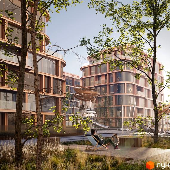 Будинки LVIV CITY мають округлі форми, великі вікна та світлі фасади. Прибудинкова територія включає зелені насадження, зону відпочинку та дитячий майданчик.