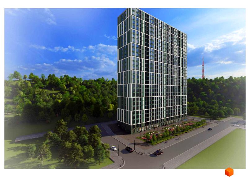 Новобудова Orange City з зеленою фасадною сіткою та панорамними вікнами. Прибудинкова територія з деревами та місцями для відпочинку.