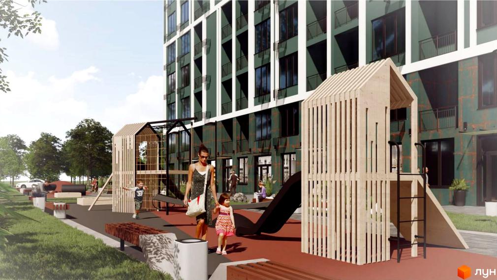 Житловий комплекс Orange City з дитячим майданчиком. Зовнішній вигляд будівлі та прибудинкова територія.