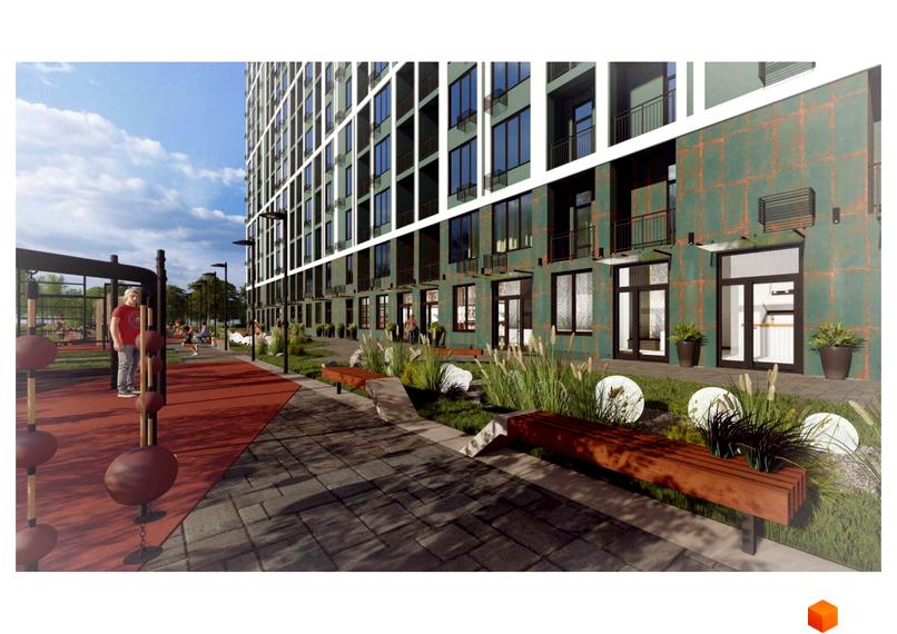 Житловий комплекс Orange City з зеленою фасадною обробкою та балконами. На прибудинковій території розташовані лавки, зелені насадження та дитячий майданчик.