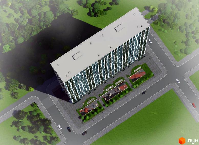 Житловий комплекс Orange City - сучасна багатоповерхова новобудова з великою кількістю вікон. Територія навколо будинку облаштована зеленими зонами та дитячими майданчиками.