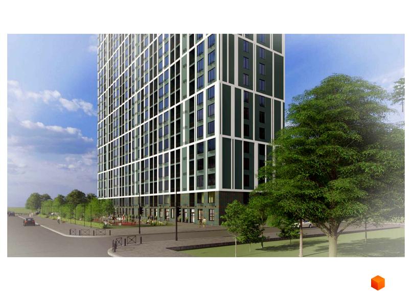 Житловий комплекс Orange City з фасадом зеленого кольору та білими вертикальними елементами. Навколо будинку розташовані дерева та облаштована прибудинкова територія.