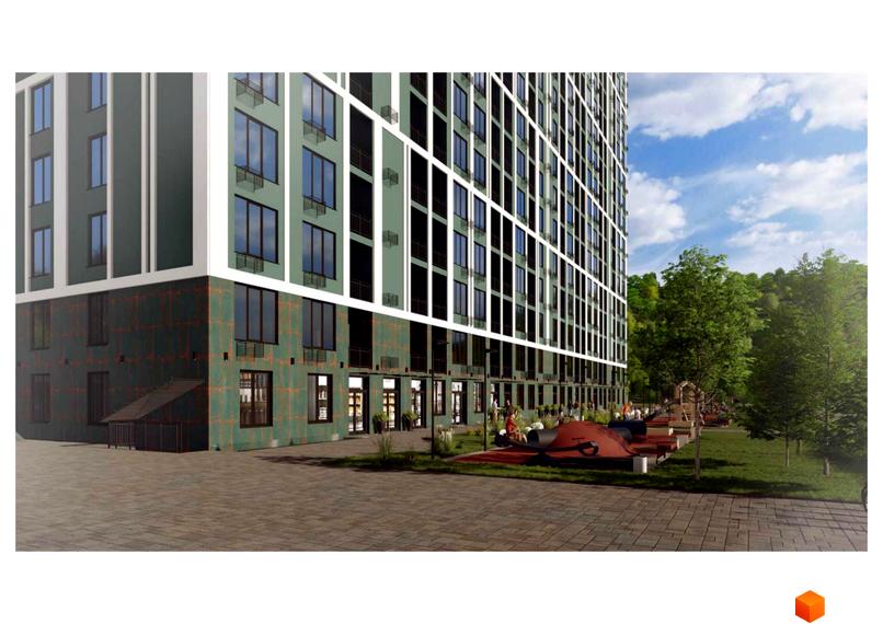 Зовнішній вигляд новобудови ЖК Orange City з зеленими фасадами та великими вікнами. Поруч розташований дитячий майданчик та зелена зона.