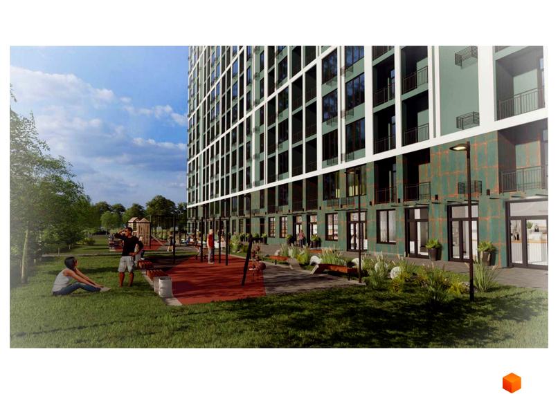Новобудова ЖК Orange City з зеленою фасадною обробкою та балконами. Прибудинкова територія з дитячим майданчиком та зонами для відпочинку.