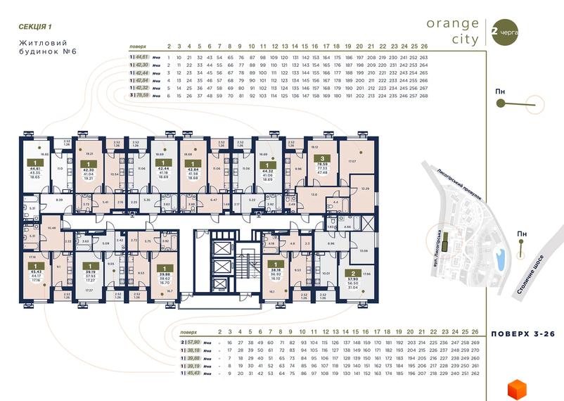 Планування поверхів житлового комплексу Orange City з позначенням квартир та їх площ. На зображенні також видно схему прибудинкової території з вулицями та пішохідними зонами.