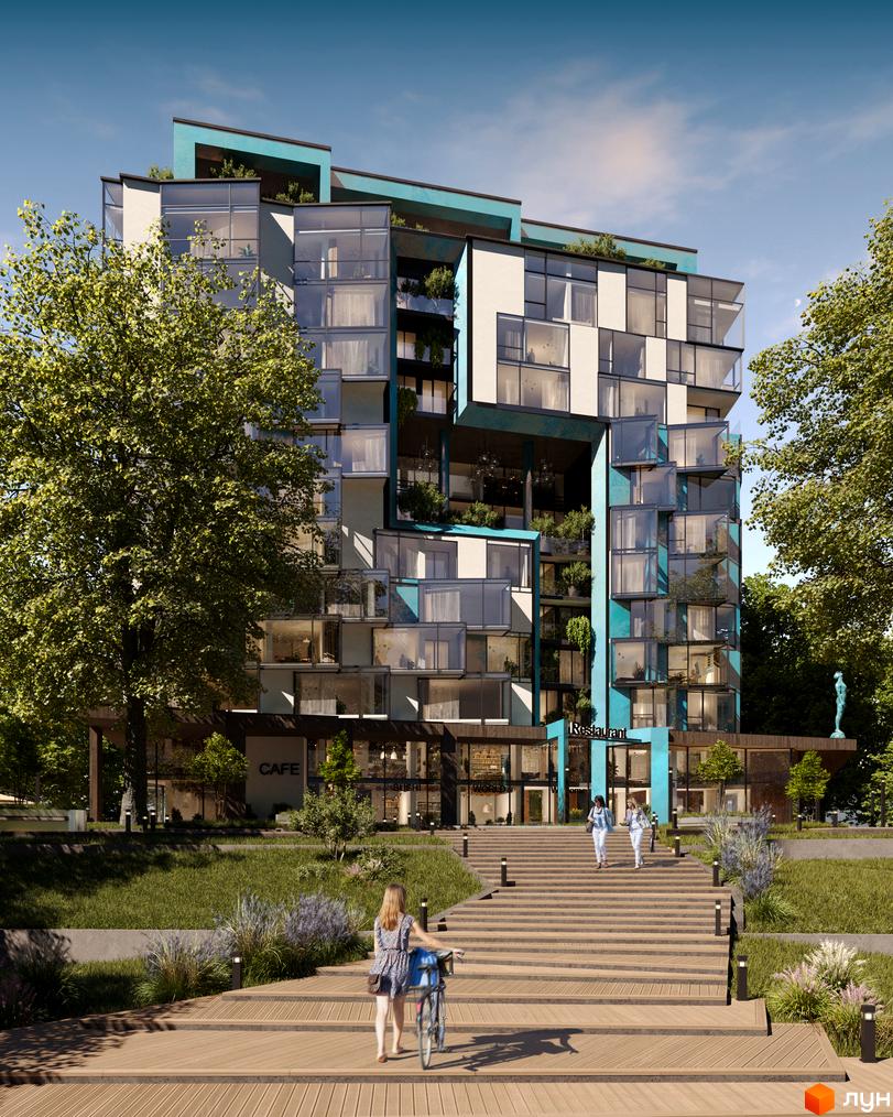 Житловий комплекс Royal Park – це будівля з панорамними вікнами та зеленими терасами, розташована на сходах з дерев'яним покриттям та оточена деревами.