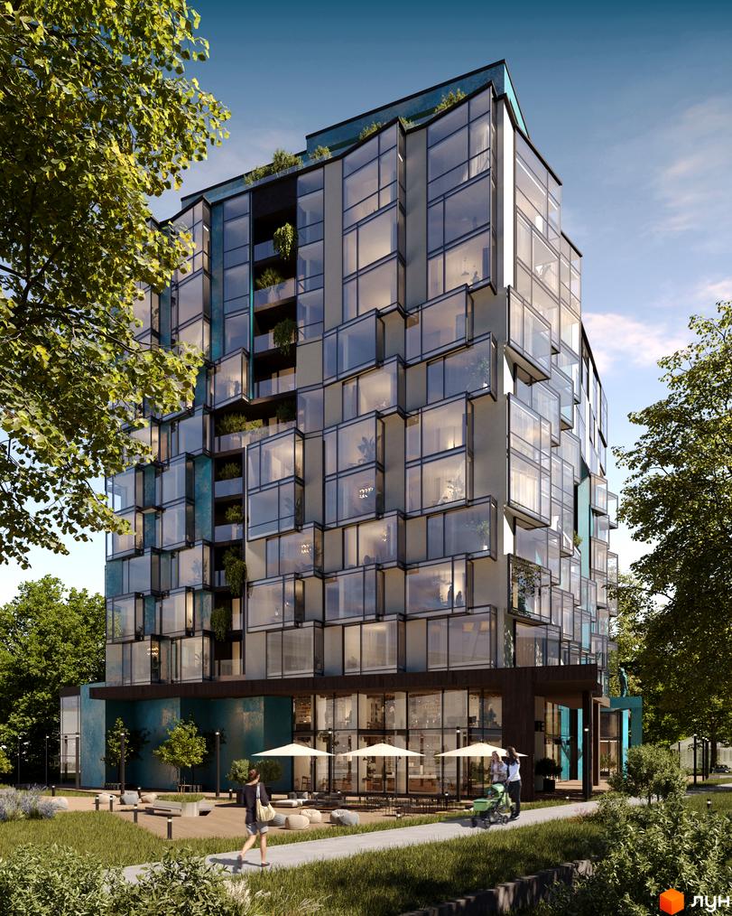 Новобудова ЖК Royal Park з панорамними вікнами та балконами, що виступають, оточена зеленою зоною з доріжками та зонами відпочинку.