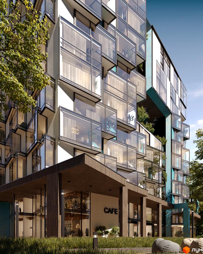 Житловий комплекс Royal Park з каскадними балконами та скляними фасадами. Навколо комплексу зелена зона з травою та деревами.