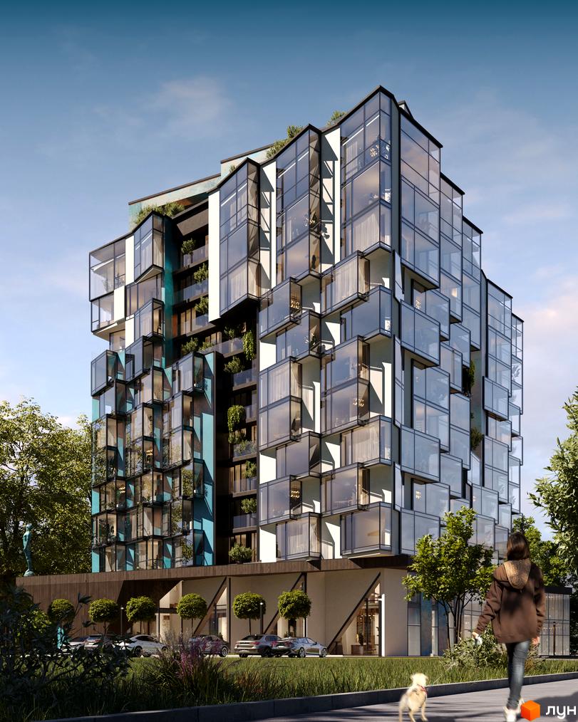 Новобудова Royal Park з панорамним склінням та балконами-кабінетами, оточена деревами та з доглянутою прибудинковою територією.