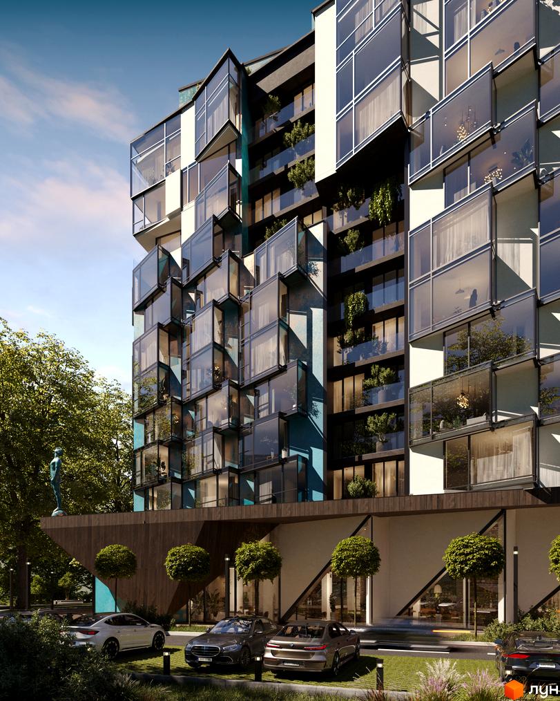 Житловий комплекс Royal Park з унікальною фасадною системою з скляних елементів та балконів з зеленню. Прибудинкова територія з деревами та автомобілями.