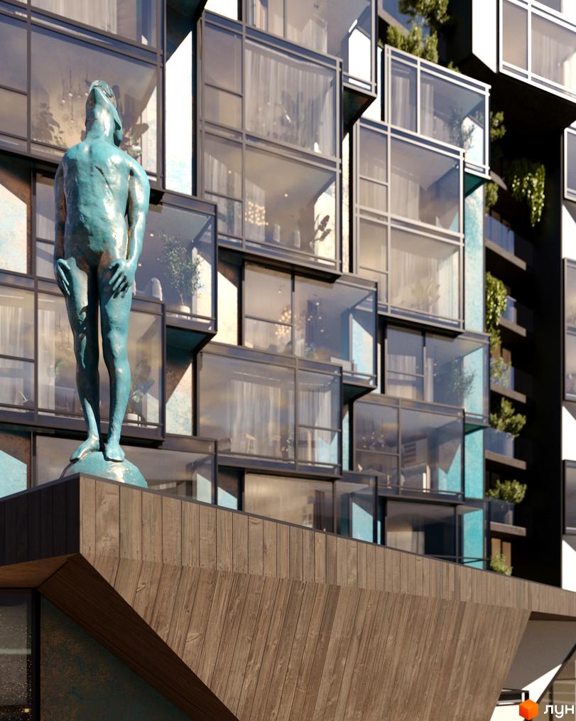 Житловий комплекс Royal Park з оригінальною архітектурою та статуєю на фасаді. Новобудова має скляні балкони та зелені насадження.