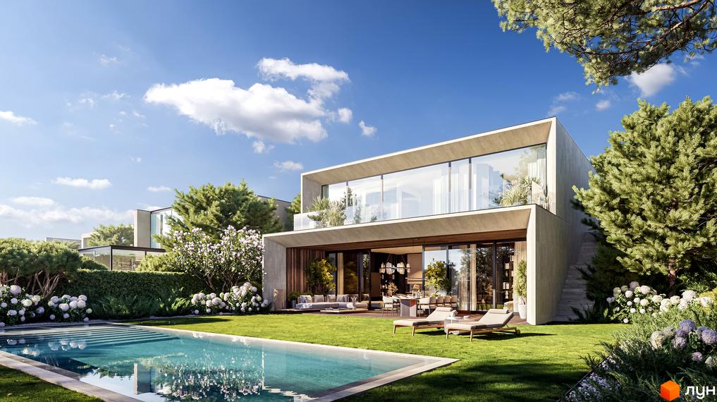 Lion Hills Villas - двоповерховий будинок з панорамними вікнами та басейном на доглянутій зеленій ділянці з квітами та деревами.