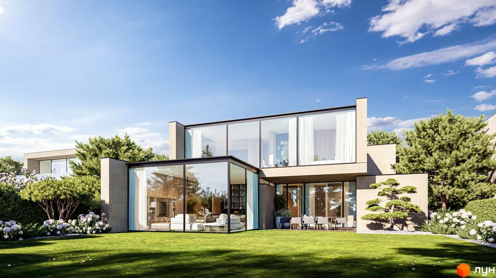 Lion Hills Villas - двоповерховий будинок з панорамними вікнами та зеленою прибудинковою територією з квітами та деревами.