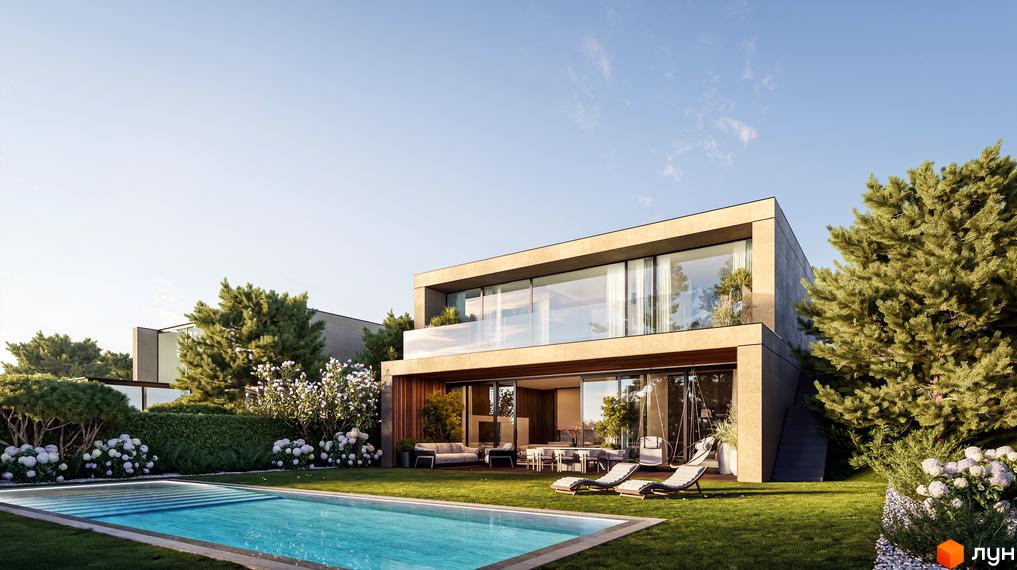 Lion Hills Villas - двоповерховий будинок з великими вікнами та балконом, оточений зеленню та басейном. На території розташовані шезлонги та зона відпочинку.