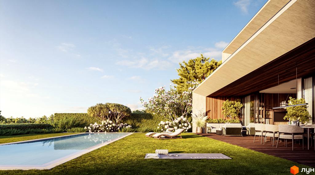 Lion Hills Villas - новобудова з басейном та зоною відпочинку. Сучасна архітектура будинку та доглянута прибудинкова територія з зеленню.