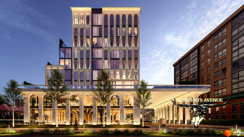 Зовнішній вигляд житлового комплексу RESIDENTS AVENUE з аркадами та скульптурою. Перед будинком розташована прибудинкова територія з деревами та освітленням.
