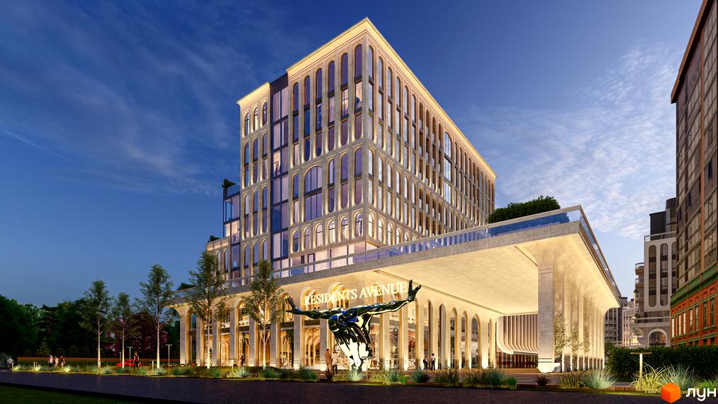 Новобудова RESIDENTS AVENUE з арковими вікнами та підсвіткою фасаду, скульптура перед входом, зелена зона та освітлення території.