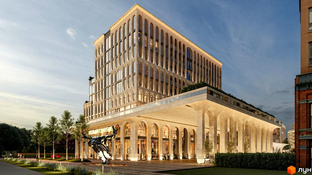 Сучасний житловий комплекс RESIDENTS AVENUE з аркадою та скульптурою на вході. Навколо комплексу зелена зона з деревами та пішохідними доріжками.