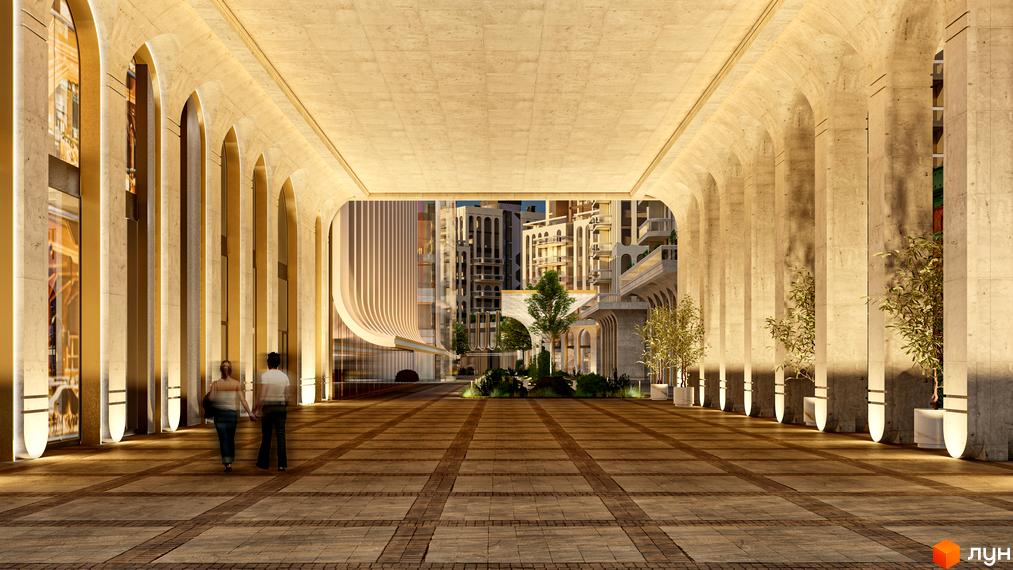 RESIDENTS AVENUE: архітектурний ансамбль з арками та колонами, що веде до зеленого внутрішнього двору з багатоповерховими будинками.