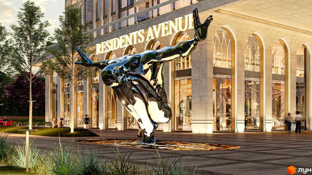 Житловий комплекс RESIDENTS AVENUE з футуристичною скульптурою на тлі. Навколо комплексу облаштована зелена зона відпочинку з місцями для сидіння.
