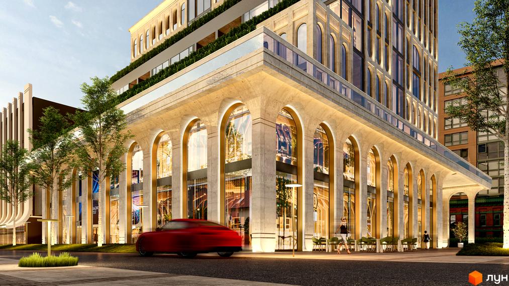 RESIDENTS AVENUE: фасади будинку з арками та скляними вікнами, зелені насадження та місця для відпочинку на прибудинковій території.