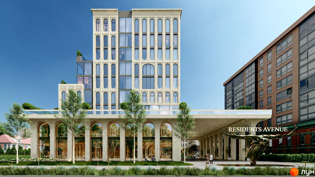 Житловий комплекс RESIDENTS AVENUE з арковими фасадами та скляними елементами. На прибудинковій території розташована скульптура та зелені насадження.