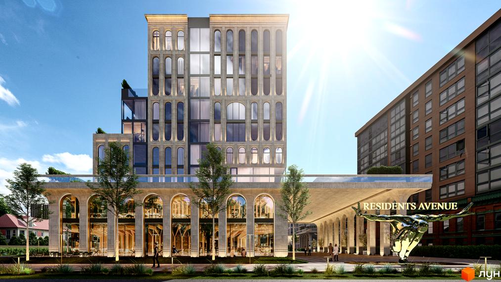 Новобудова RESIDENTS AVENUE з арковими фасадами та скляними елементами, перед якою розташована скульптура та зелена зона.