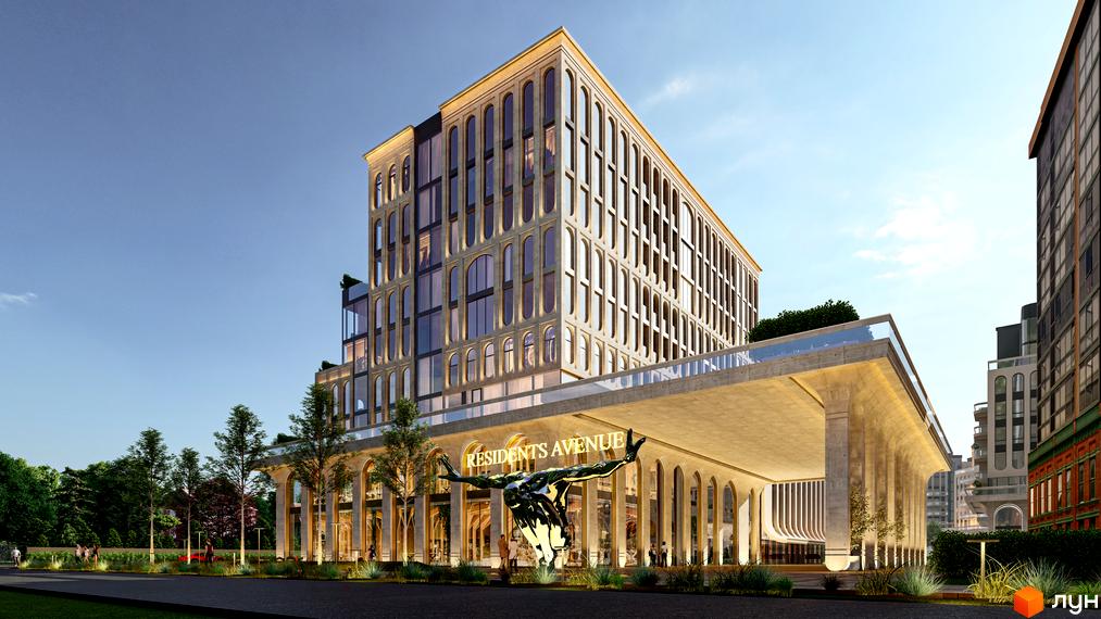 Житловий комплекс RESIDENTS AVENUE з фасадом з арочними вікнами та скульптурою перед входом. Навколо комплексу зелена зона та дерева.